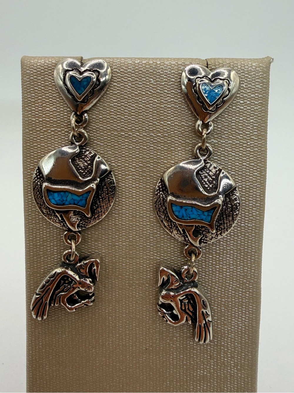 Vintage SW 92 USA Southwestern Turquoise Chip Eagle Dangle Post Earrings